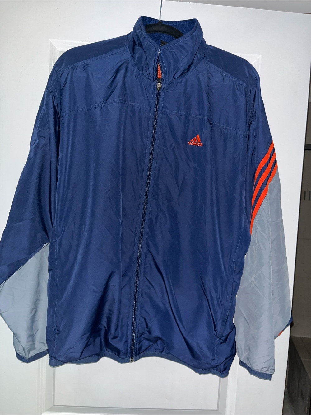 adidas Men’s Navy and Light Gray Windbreaker with Orange Stripes
